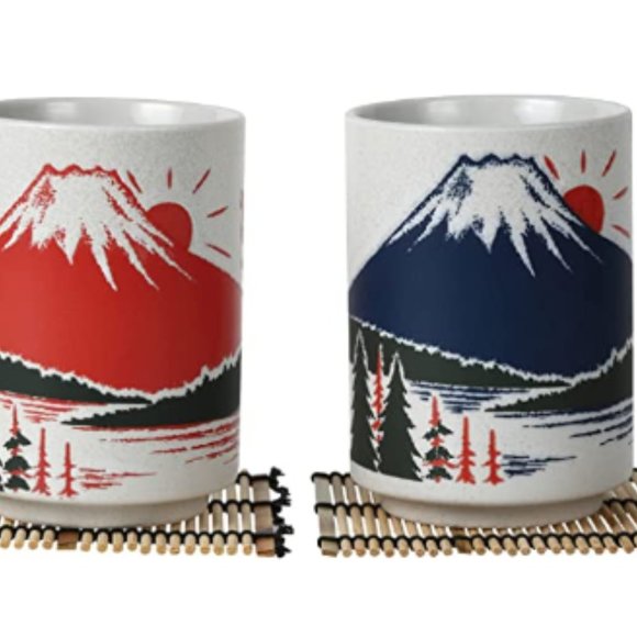 Japanese Teacups - Sushi-Yunomi w/ Bamboo Coasters (Set of 2 - Mt. Fuji) - Picture 2 of 6